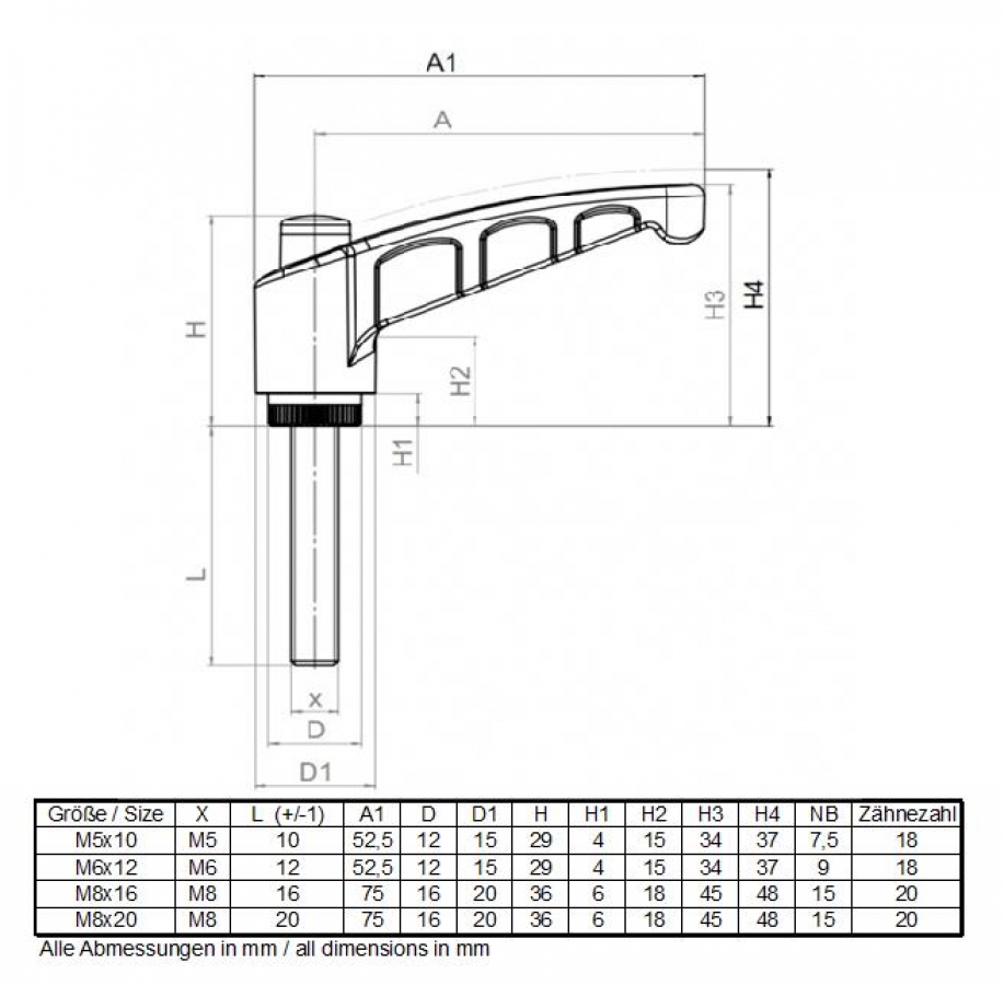 Locking Lever with external thread M8x20 made of plastic and steel